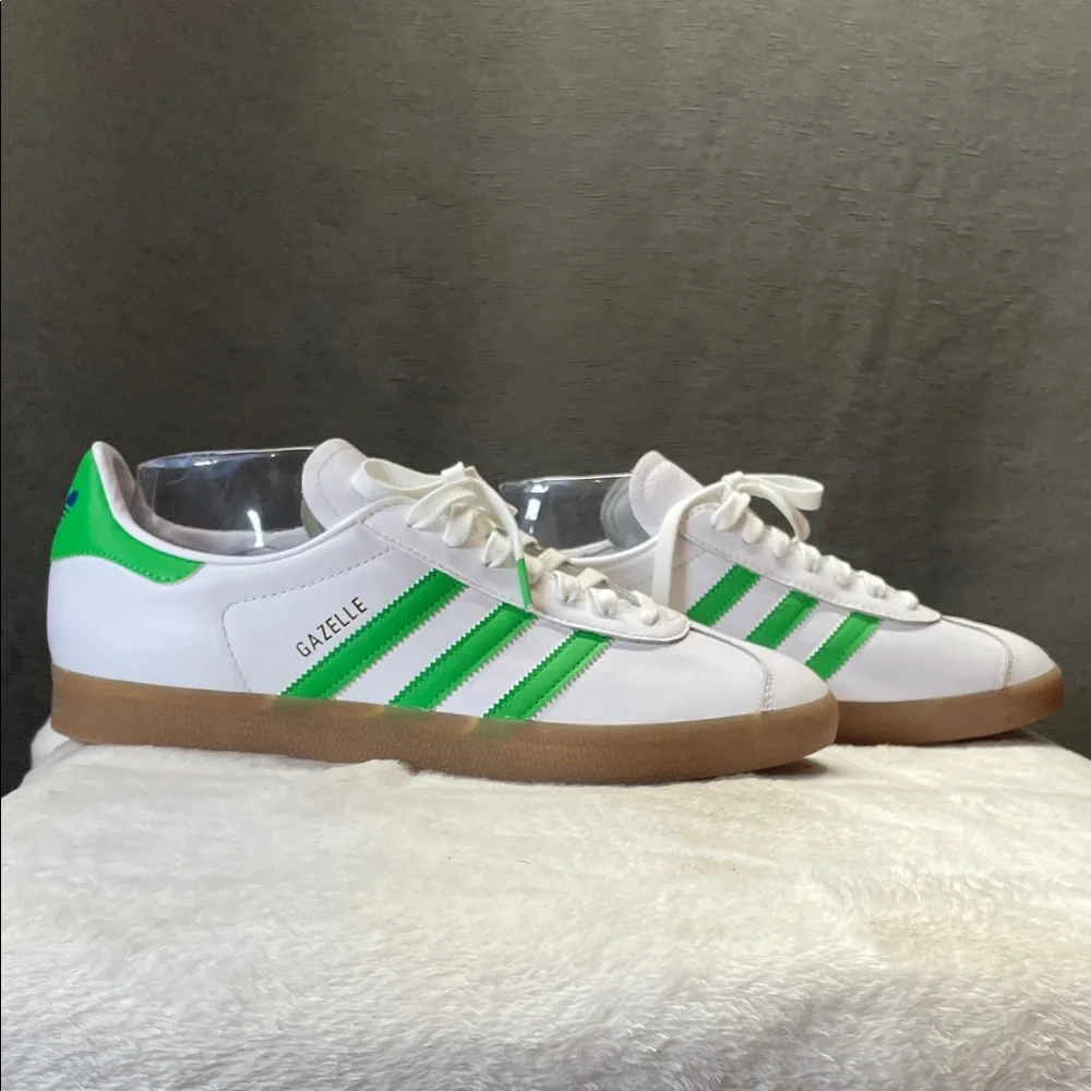 adidas Seattle Gazelle White Sneakers with Green Stripes and Gum Outsole